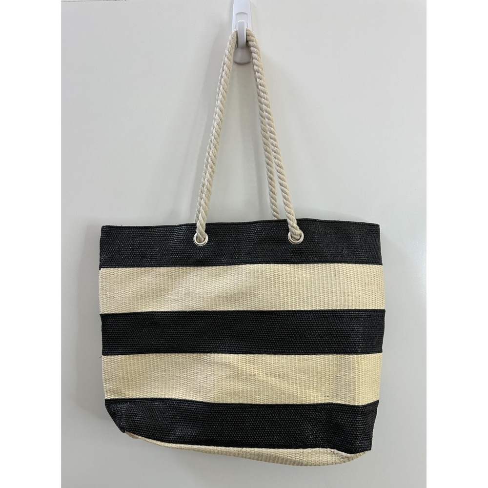 NEW Chico's Black Neutral Striped Woven Straw Beach Tote Bag Rope Handles Resort - Picture 8 of 11